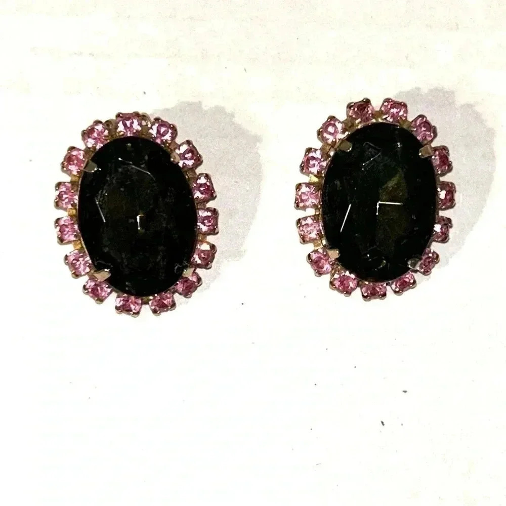 Vtg Smoky Quartz Pink Crystal Rhinestone Earrings Glass Goldtone Oval Clip On - Picture 2 of 10